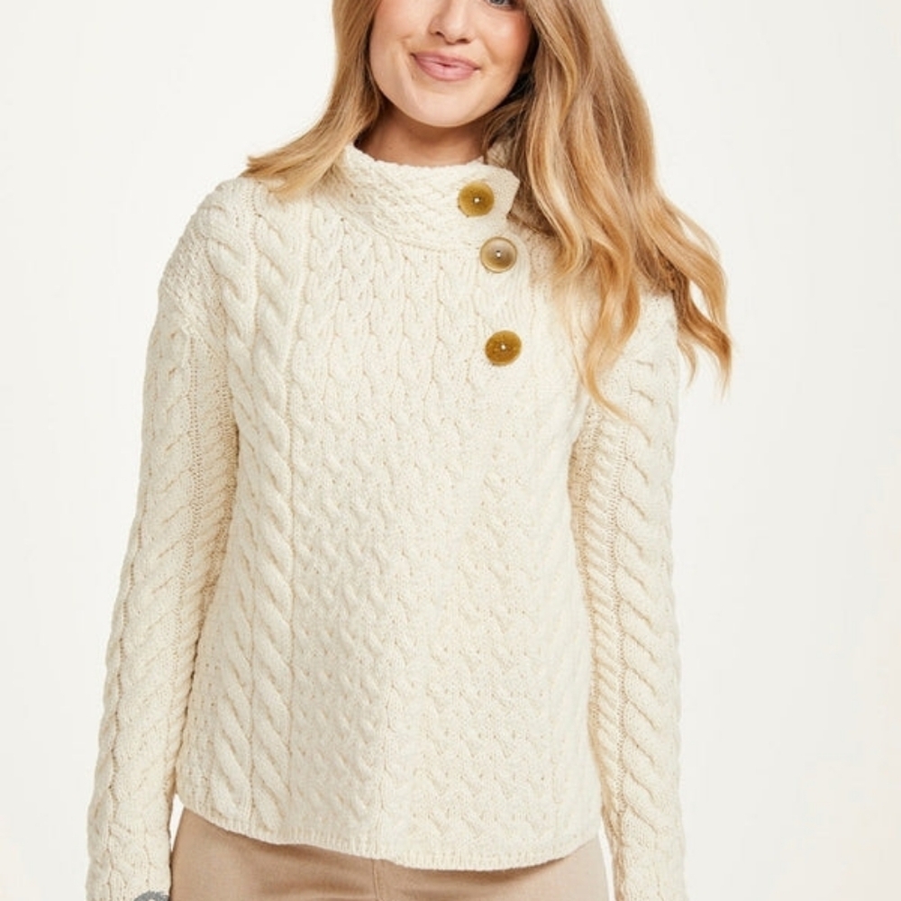 Carraig Donn Super Soft 3 Button Merino Wool Cardigan White Size Medium